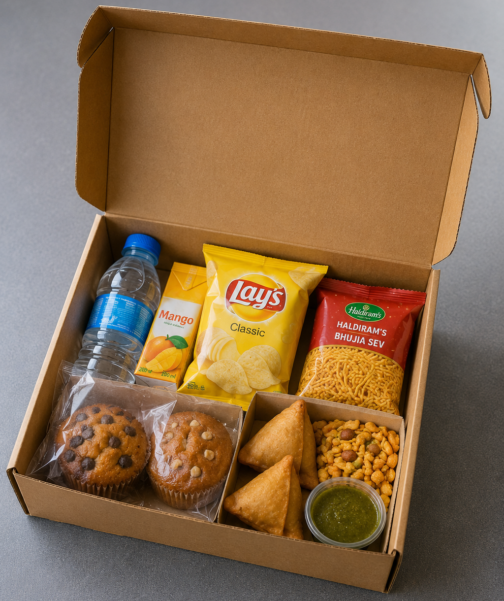 Travel refreshments pack with chips juice muffin and samosa by Pumpkin Yatri Meals